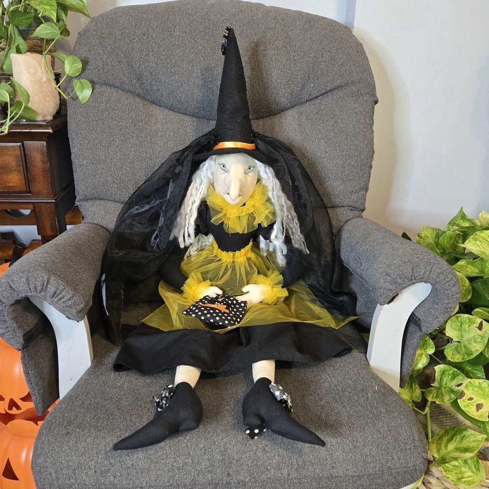 Large 40" Artisan Folk Art Weighted Shelf Sitter Witch Doll Halloween Detailed